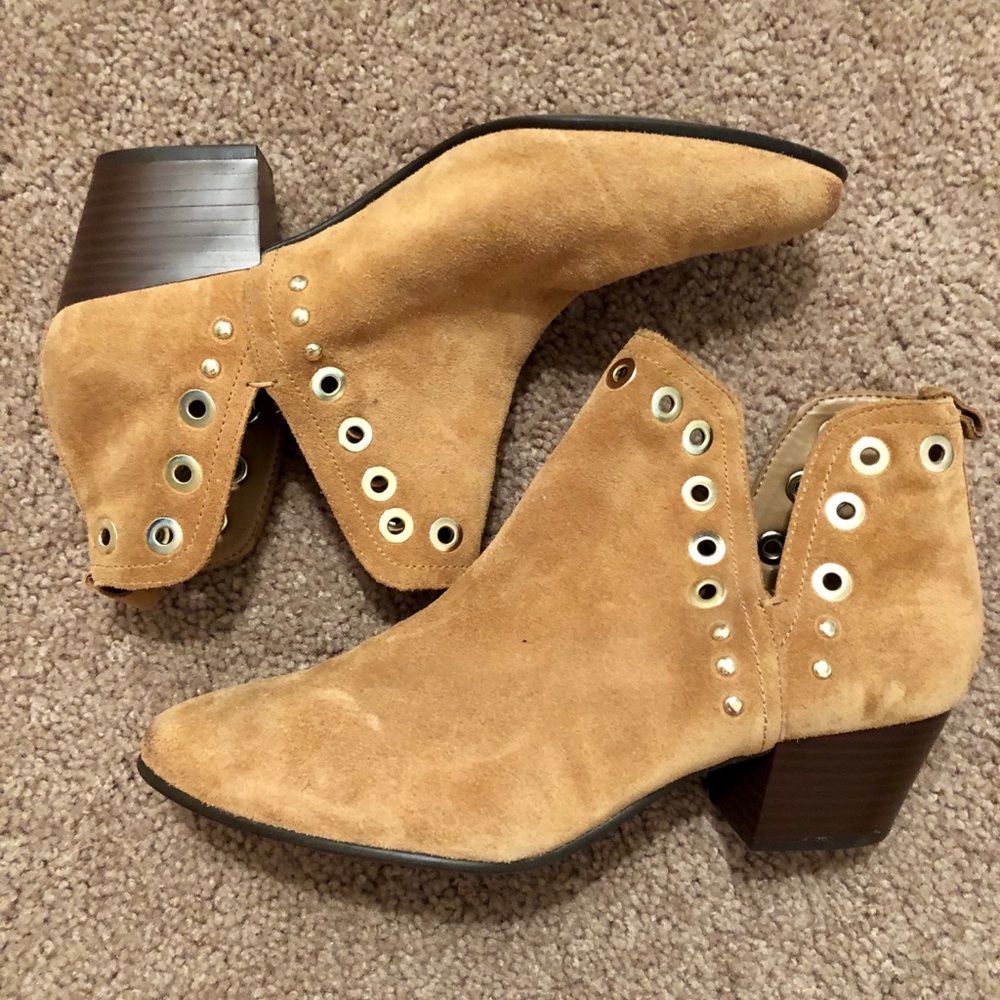 Sam Edelman suede booties with golden accents